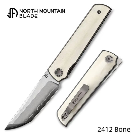2412-Bone CHOP 4 Front Flipper Folding Knife, Bone Handle, SLD San Mai Steel, Japanese-Style Tanto