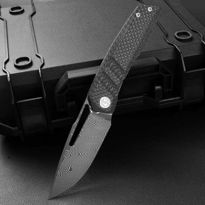Sworf T077 Damascus Carbon fiber handle Liner Lock slot deployment
