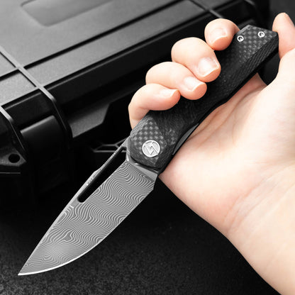 Sworf T077 Damascus Carbon fiber handle Liner Lock slot deployment