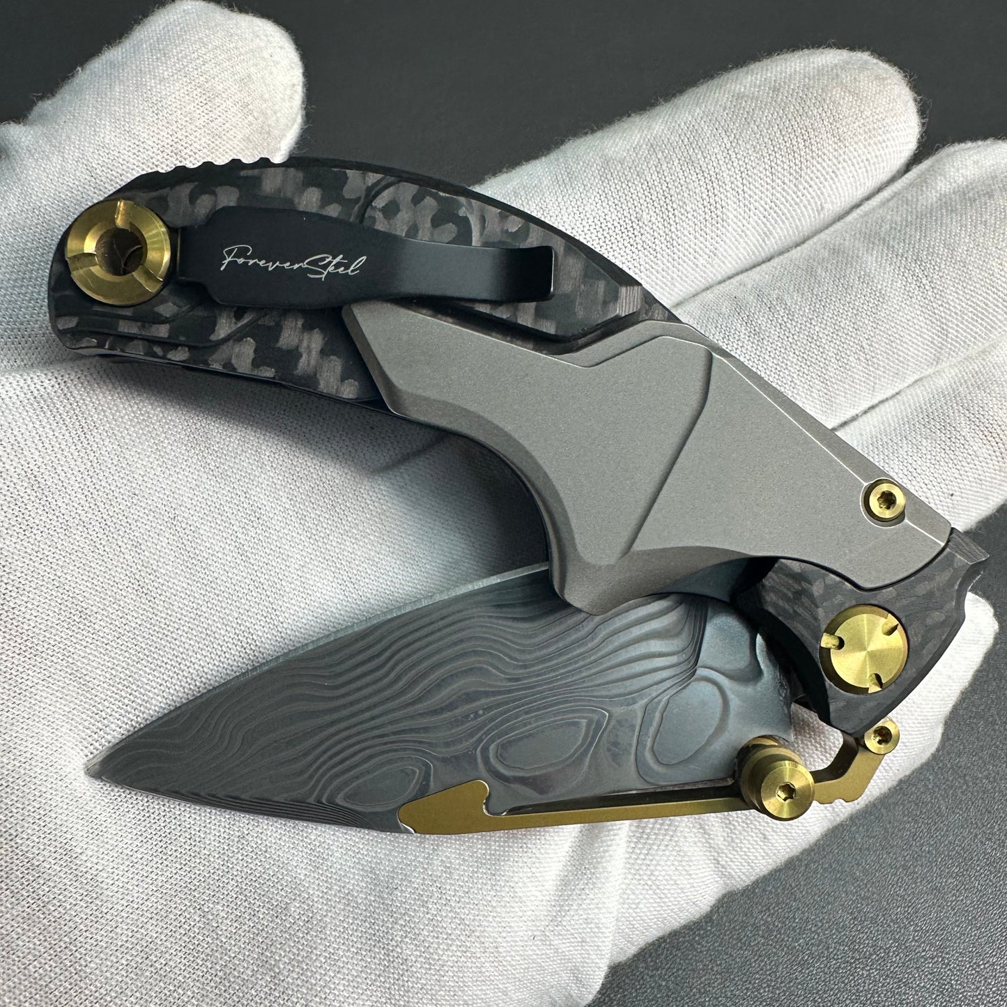 Forever Steel Alkaid carbon fiber and titanium handle Damascus blade steel translate push dagger