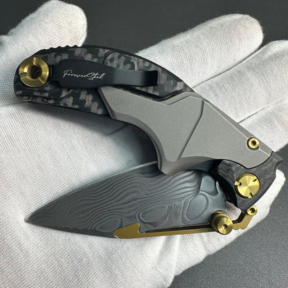Forever Steel Alkaid carbon fiber and titanium handle Damascus blade steel translate push dagger