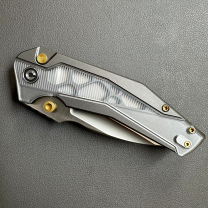 CIVIVI Wellmax Thumb Stud & Button Lock Knife Gray Aluminum Handle With Polished Clear Lexan Inlay (3.6" Satin Finished 14C28N Blade) C24008C-1
