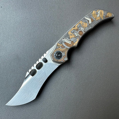 Octopus engraving titanium handle 14C28N steel Bowie blade shape