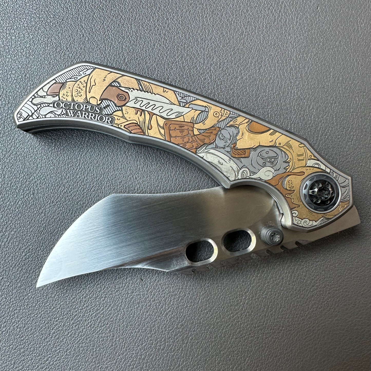 Octopus engraving titanium handle 14C28N steel Bowie blade shape