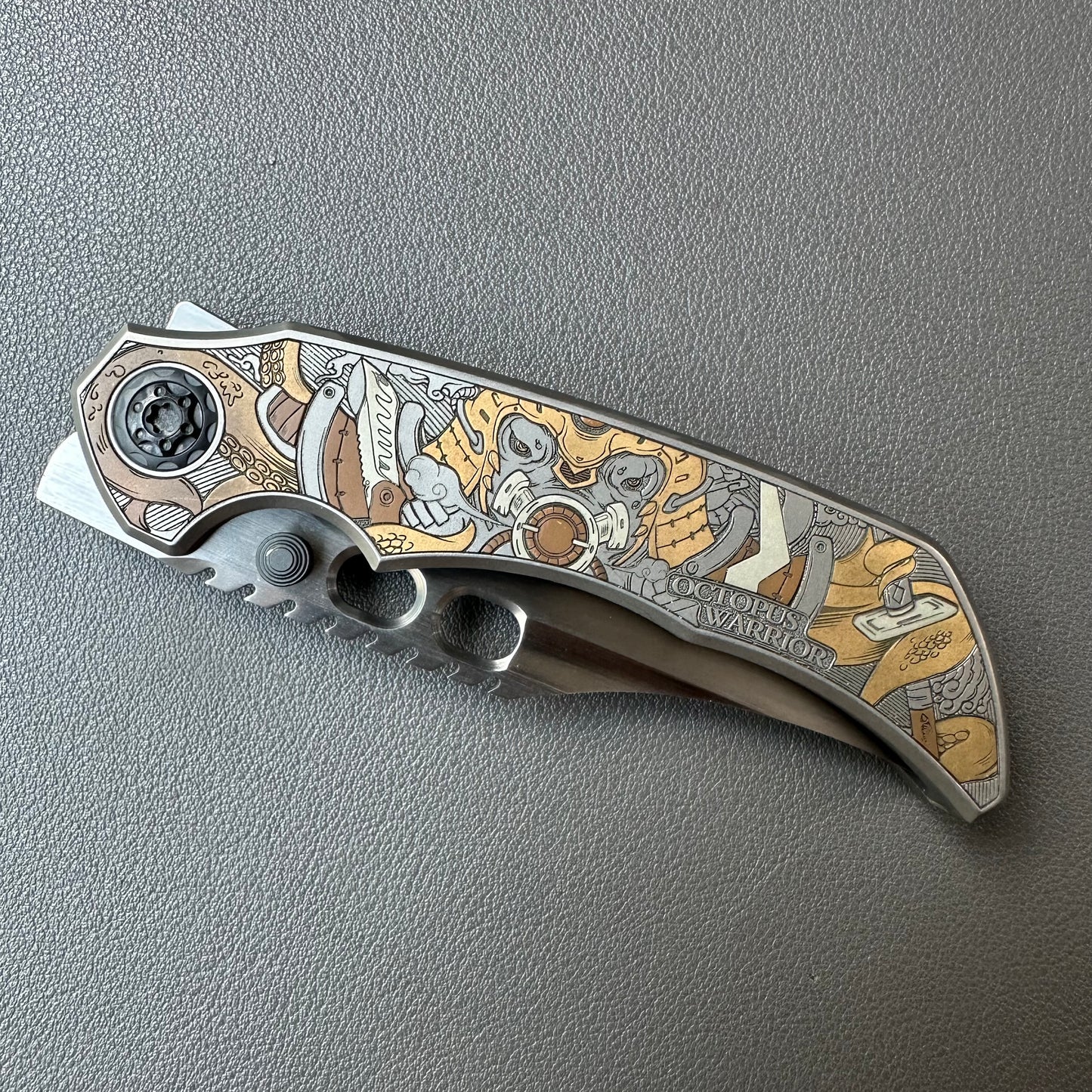 Octopus engraving titanium handle 14C28N steel Bowie blade shape
