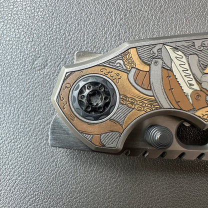 Octopus engraving titanium handle 14C28N steel Bowie blade shape